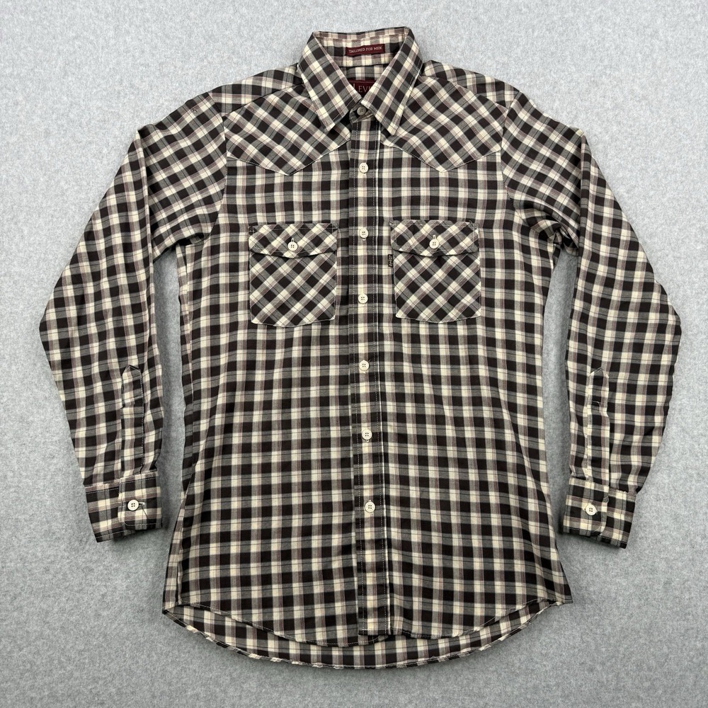 Vintage Levis Shirt Mens‎ Small Brown Plaid Tapered 80s Western Made In USA